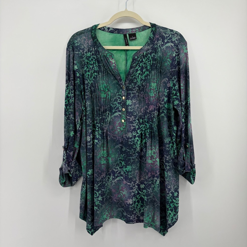New‎ Directions Womens Large Green Purple Damask Tunic Blouse Roll Tab Sharkbite